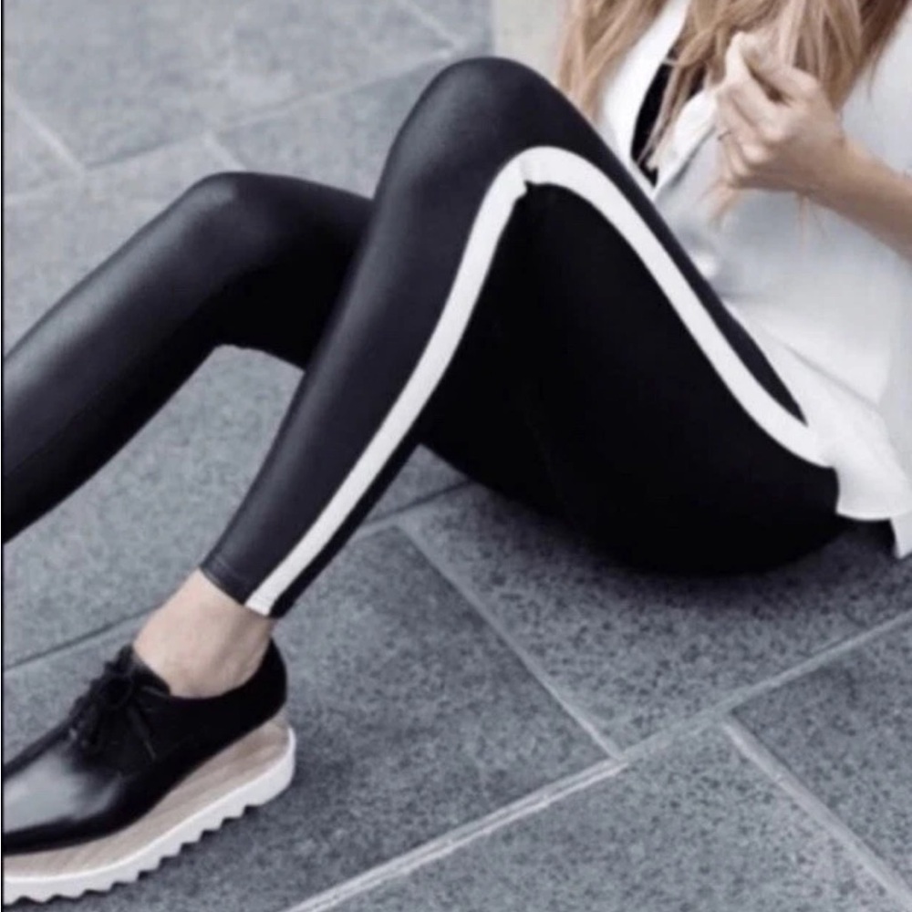 SPANX Black Faux Leather Leggings with White Stripe - Picture 4 of 6